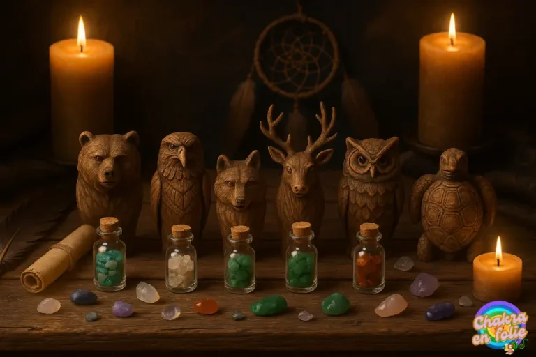 Figurine totem amérindien sur table de bois et pierre semi précieuse, chakraenfolie.com