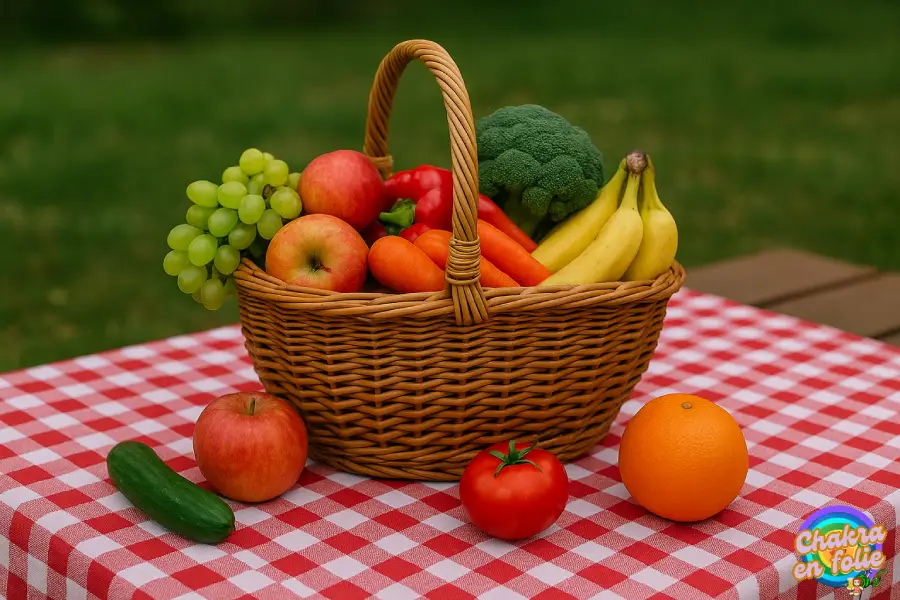 Panier de legume et fruit sur table a carreau rouge et blanc, chakraenfolie.com