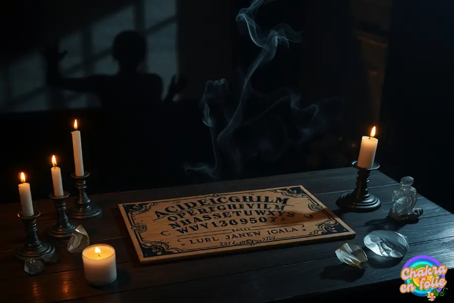Plance ouija sur table avec bougie et pierre, chakraenfolie.com