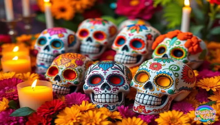 Têtes de calaveras avec bougie et fleurs, chakraenfolie.com